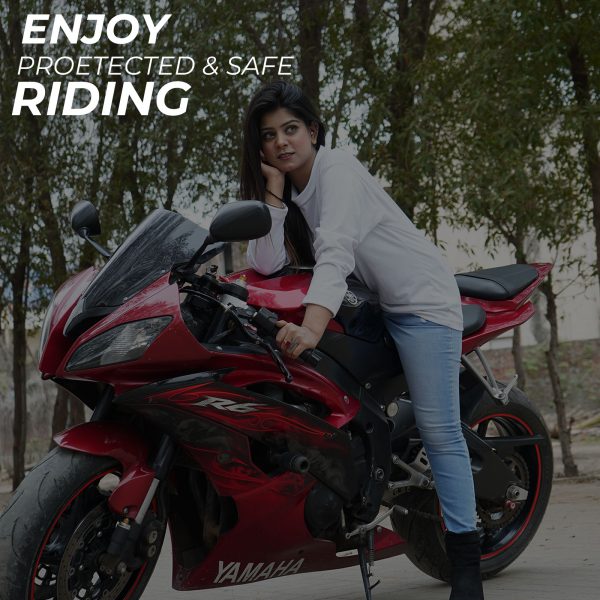 women biker wearing Kevlar Lined White Full Sleeve Motorcycle T Shirt with helmet and gloves