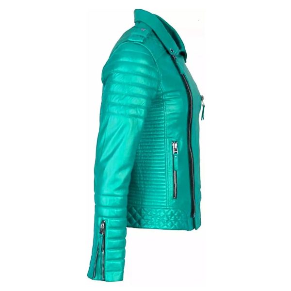 Side view of Mens Slim Fit Turquoise Leather Biker Jacket – premium cowhide motorcycle outerwear