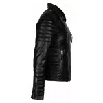 ide view of slim fit black leather biker jacket for men, made from premium cowhide