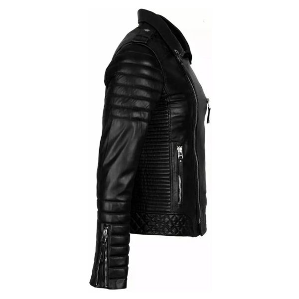 ide view of slim fit black leather biker jacket for men, made from premium cowhide