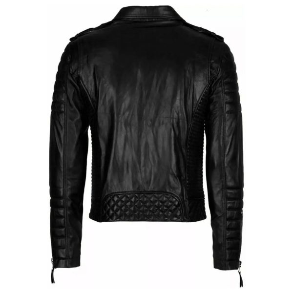 Back view of mens black cowhide leather motorcycle jacket showing detailed stitching and fit