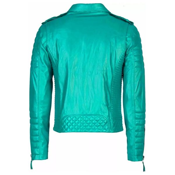 Back view of Turquoise Cowhide Motorcycle Jacket for Men – stylish slim fit leather biker coat