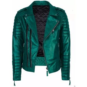 Mens Teal Leather Biker Jacket Unique Slim Fit Motorcycle Cowhide Coat for Men