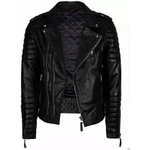 Mens Black Leather Biker Jacket Front View