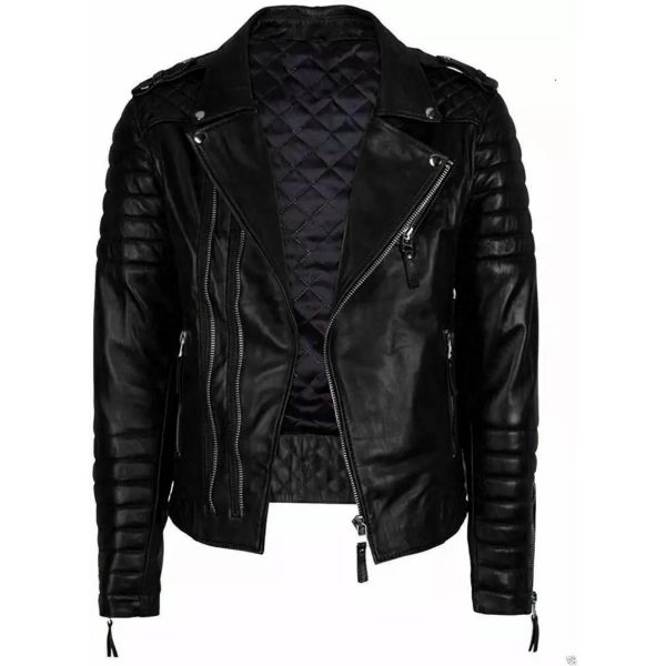Mens Black Leather Biker Jacket Front View