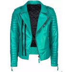 Front view of Mens Turquoise Leather Motorcycle Jacket – slim fit cowhide biker coat with zipper and snap collar