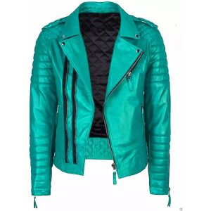 Front view of Mens Turquoise Leather Motorcycle Jacket – slim fit cowhide biker coat with zipper and snap collar