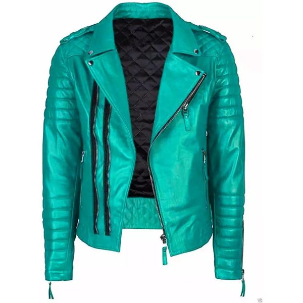 Front view of Mens Turquoise Leather Motorcycle Jacket – slim fit cowhide biker coat with zipper and snap collar