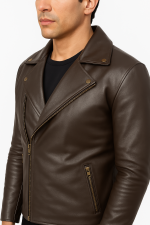 Close-up of semi-aniline leather and zipper cuffs on brown biker jacket”
