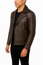 an wearing Noah brown leather jacket – vintage motorcycle style by Carnac Global Ind”
