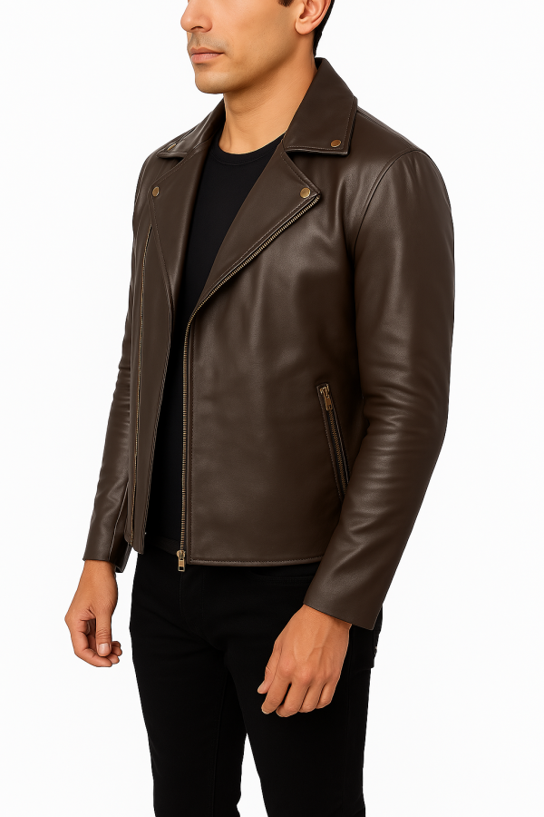 an wearing Noah brown leather jacket – vintage motorcycle style by Carnac Global Ind”