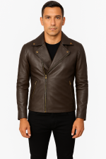 Noah brown leather biker jacket front view for men – real sheepskin with zippe