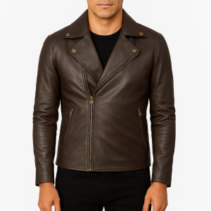 Noah brown leather biker jacket front view for men – real sheepskin with zippe