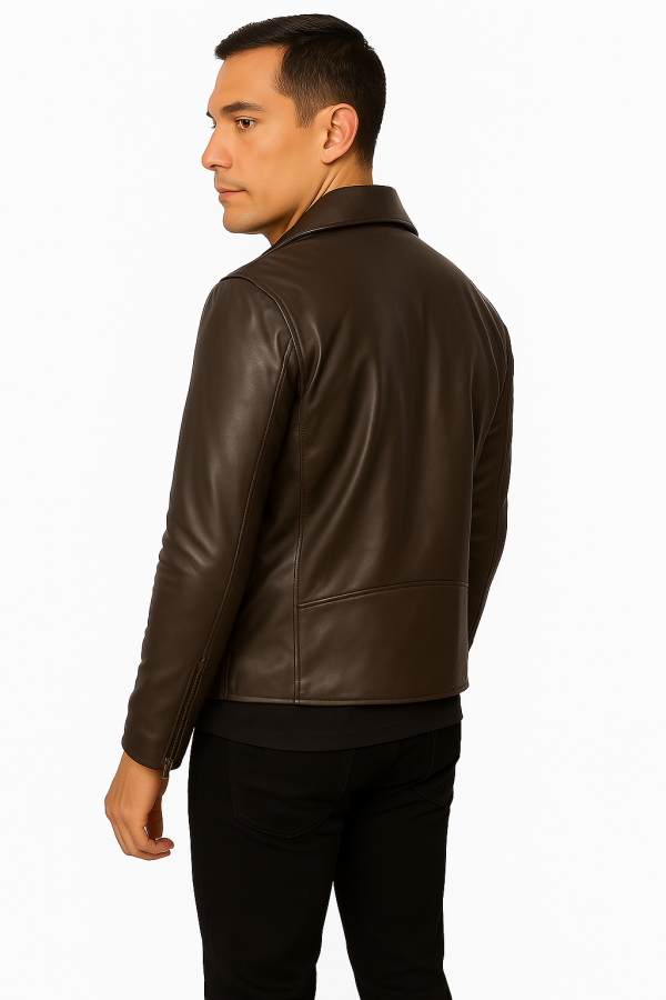 Back of men’s sheepskin leather biker jacket – brown semi-aniline finish”